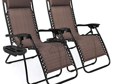 Best Choice Products Set of 2 Adjustable Steel Mesh Zero Gravity Lounge Chair Recliners w Pillows and Cup Holder Trays, Brown Supply