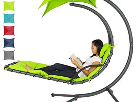 Best Choice Products Outdoor Hanging Curved Chaise Lounge Chair Swing for Backyard, Patio w  Built-In Pillow, Removable Canopy, Stand - Green Online