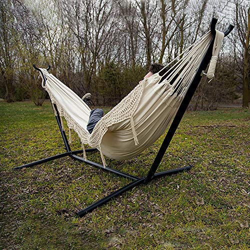 Vivere Double Hammock with Space Saving Steel Stand, Natural (450 lb Capacity - Premium Carry Bag Included) For Sale