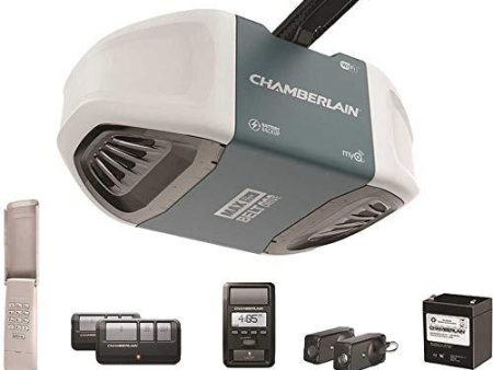 Chamberlain B970T Smart Garage Door Opener with Battery Backup - myQ Smartphone Controlled - Ultra Quiet, Strong Belt Drive and MAX Lifting Power, 1.25 HP, Wireless Keypad Included, Blue For Sale