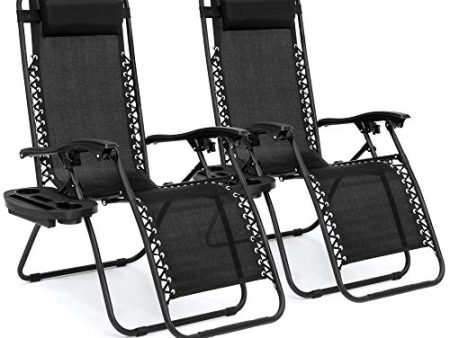 Best Choice Products Set of 2 Adjustable Steel Mesh Zero Gravity Lounge Chair Recliners w Pillows and Cup Holder Trays, Black Hot on Sale