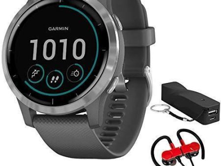 Garmin 010-02174-01 Vivoactive 4 Smartwatch, Shadow Gray Stainless Bundle with Deco Gear Magnetic Wireless Sport Earbuds, Red with Carrying Case and Voltix 2600mAh Portable Power Bank on Sale