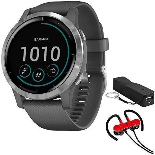 Garmin 010-02174-01 Vivoactive 4 Smartwatch, Shadow Gray Stainless Bundle with Deco Gear Magnetic Wireless Sport Earbuds, Red with Carrying Case and Voltix 2600mAh Portable Power Bank on Sale