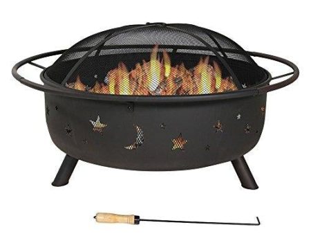 Sunnydaze Cosmic Outdoor Fire Pit - 42 Inch Large Bonfire Wood Burning Patio & Backyard Firepit for Outside with Round Spark Screen, Fireplace Poker, and Metal Grate, Celestial Design For Sale