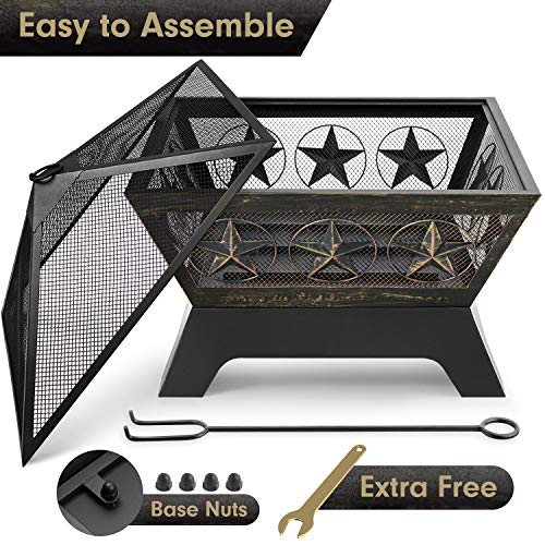 Amagabeli Fire Pit Outdoor Wood Burning 24in Firepit Firebowl Fireplace Poker Spark Screen Retardant Mesh Lid Extra Deep Large Square Outside Backyard Deck Heavy Duty Metal Grate Rustproof Bronze For Cheap