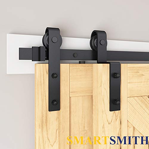 SMARTSMITH 8ft Bypass Barn Door Hardware Kit, Upgraded Bypass Sliding Door Hardware Track for Double Wooden Doors, J Shape Hanger Sliding Door Hardware Kit, Easy Install Sale