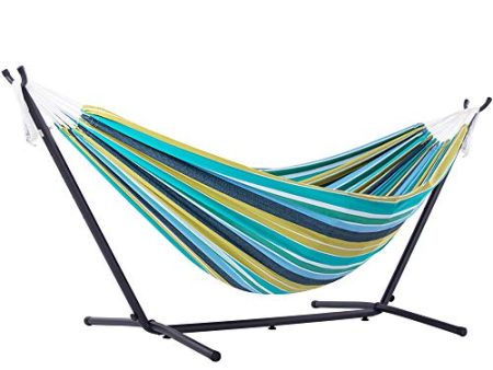 Vivere Double Cotton Hammock with Space Saving Steel Stand, Cayo Reef (450 lb Capacity - Premium Carry Bag Included) Online now