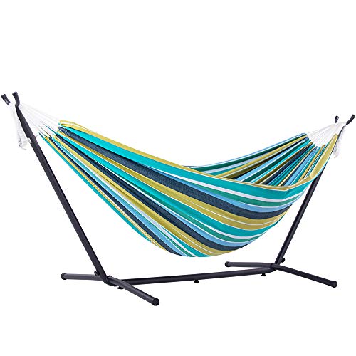 Vivere Double Cotton Hammock with Space Saving Steel Stand, Cayo Reef (450 lb Capacity - Premium Carry Bag Included) Online now