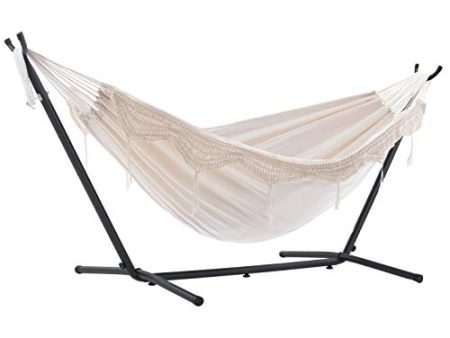 Vivere Double Hammock with Space Saving Steel Stand, Natural (450 lb Capacity - Premium Carry Bag Included) For Sale