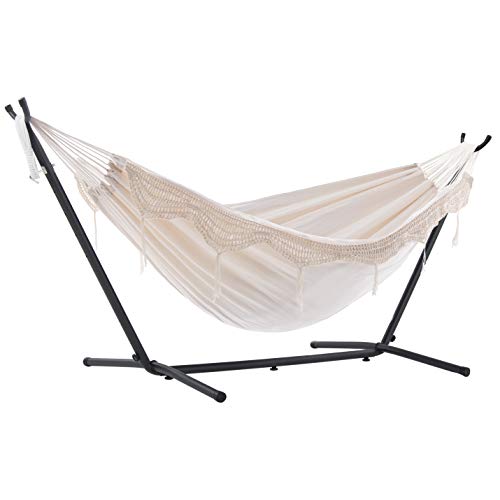 Vivere Double Hammock with Space Saving Steel Stand, Natural (450 lb Capacity - Premium Carry Bag Included) For Sale