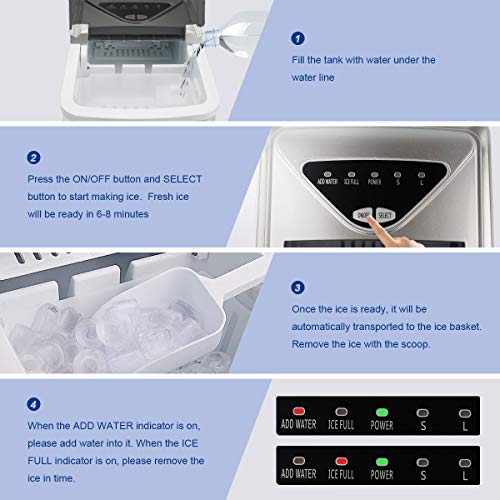 FOOING Ice Maker Countertop, Self-Cleaning Function, 26lbs 24Hrs, 9 Cubes Ready in 7mins with LED Display for Parties Mixed, Portable Ice Cube Maker with Ice Scoop and Basket (Silver) Sale