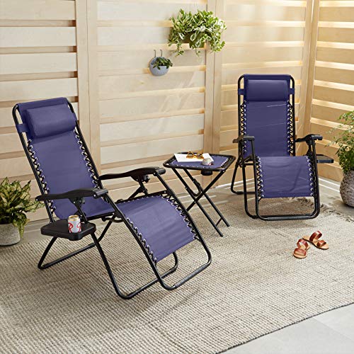 Amazon Basics Textilene Outdoor Adjustable Zero Gravity Folding Reclining Lounge Chair with Side table and Pillow - Pack of 2, Blue Sale