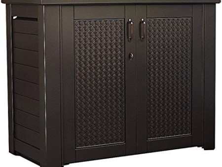 Rubbermaid Extra Large Decorative Patio Storage, Weather Resistant Outdoor Storage Cabinet, Dark Teak For Sale