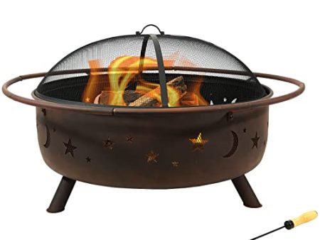 Sunnydaze Cosmic Fire Pit for Outdoors - 42-Inch Large Wood-Burning Fire Pit with Moon and Stars - Perfect for Patio and Backyard Bonfires - Includes Round Spark Screen, Poker and Metal Grate For Cheap