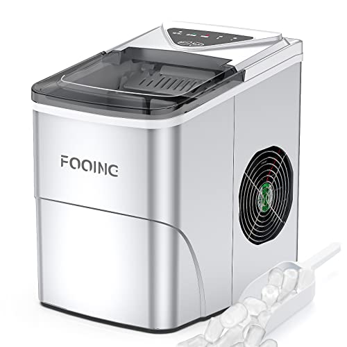 FOOING Ice Maker Countertop, Self-Cleaning Function, 26lbs 24Hrs, 9 Cubes Ready in 7mins with LED Display for Parties Mixed, Portable Ice Cube Maker with Ice Scoop and Basket (Silver) Sale