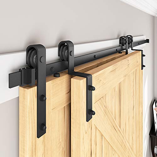 SMARTSMITH 8ft Bypass Barn Door Hardware Kit, Upgraded Bypass Sliding Door Hardware Track for Double Wooden Doors, J Shape Hanger Sliding Door Hardware Kit, Easy Install Sale