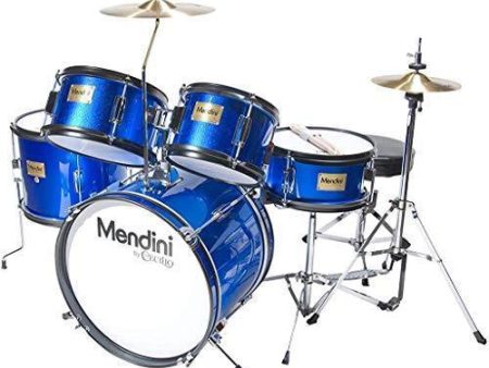 Mendini By Cecilio Drum Set For Kids Junior - 16-Inch, 5-Piece, Blue Metallic - Starter Drums Kit w Adjustable Throne, Cymbal, Pedal & Drumsticks - MJDS-5-BL For Cheap