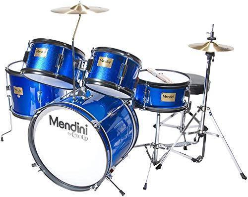 Mendini By Cecilio Drum Set For Kids Junior - 16-Inch, 5-Piece, Blue Metallic - Starter Drums Kit w Adjustable Throne, Cymbal, Pedal & Drumsticks - MJDS-5-BL For Cheap