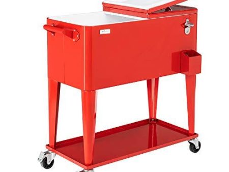 VINGLI 80 Quart Rolling Ice Chest on Wheels, Portable Patio Party Bar Drink Cooler Cart, with Shelf, Beverage Pool with Bottle Opener,Water Pipe and Cover (Red) Supply