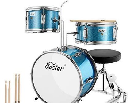 Drum Set Eastar 14 inch Drum Set for Kids, 3-Piece with Adjustable Throne, Cymbal, Pedal & Two Pairs of Drumsticks, Junior Drum Set with Bass Tom Snare Drum, Drum Kit for Beginners, Metallic Sky Blue Supply