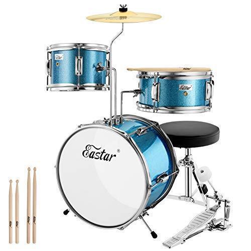 Drum Set Eastar 14 inch Drum Set for Kids, 3-Piece with Adjustable Throne, Cymbal, Pedal & Two Pairs of Drumsticks, Junior Drum Set with Bass Tom Snare Drum, Drum Kit for Beginners, Metallic Sky Blue Supply