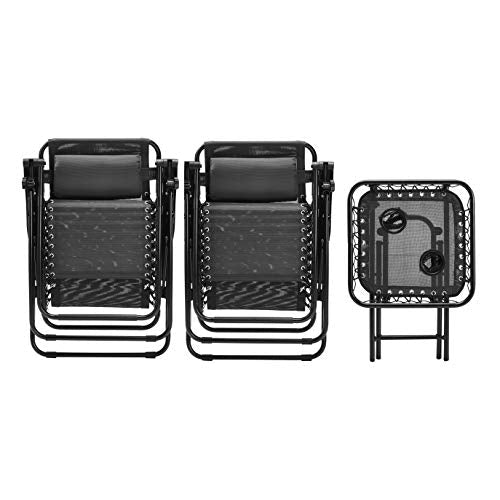 Amazon Basics Textilene Outdoor Adjustable Zero Gravity Folding Reclining Lounge Chair with Side table and Pillow - Pack of 2, Black Cheap