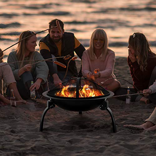 Amagabeli Fire Pit Outdoor Wood Burning Portable Folding 22in Firepit Firebowl Fireplace Poker Spark Screen Retardant Mesh Lid Deep Round Outside Backyard Camping Metal Grate Rustproof Black For Discount