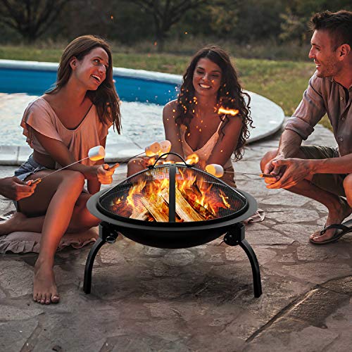 Amagabeli Fire Pit Outdoor Wood Burning Portable Folding 22in Firepit Firebowl Fireplace Poker Spark Screen Retardant Mesh Lid Deep Round Outside Backyard Camping Metal Grate Rustproof Black For Discount