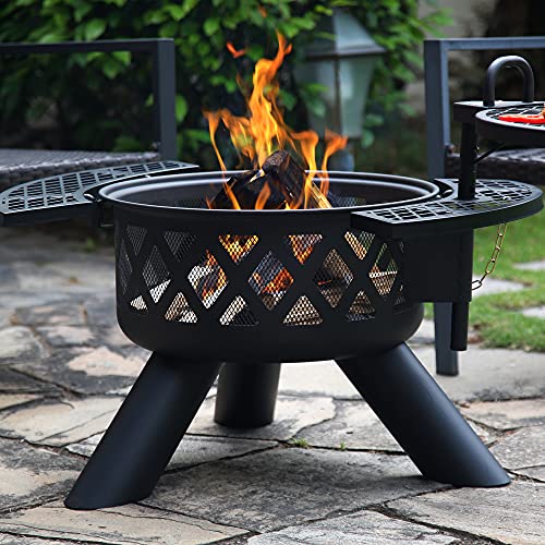 BALI OUTDOORS Fire Pits Outdoor Wood Burning, Practical Fire Pit with Cooking Grate Outdoor Fireplace with Cooking Grill Firepit Grill, Black For Discount