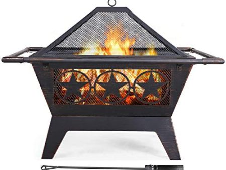 Yaheetech Fire Pit 32   Iron Fire Pit Outdoor Patio BBQ Camping Bonfire Bronze Outdoor Fireplace Fire Bowl with Spark Screen, Mesh Cover Grills Poker Square Fire Pit For Cheap