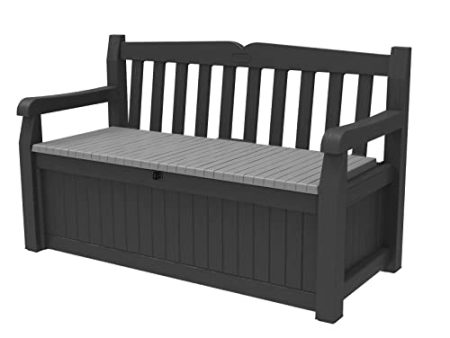 Keter Solana 70 Gallon Storage Bench Deck Box for Patio Furniture, Front Porch Decor and Outdoor Seating – Perfect to Store Garden Tools and Pool Toys, Grey Online now