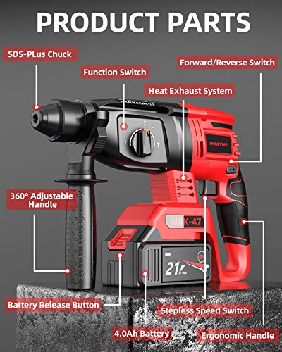 Rotary Hammer Drill, WAKYME SDS-Plus 1 2 inch 21V Cordless Demolition Hammer with 1400RPM and Two 4.0Ah Batteries, Variable Speed, 3-in-1 Mode Brushless Impact Drill with Safety Clutch, 13 Pieces Set Online