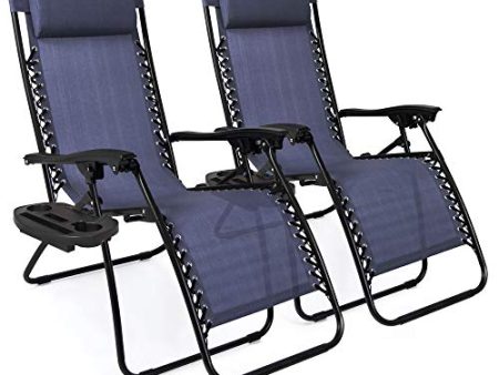 Best Choice Products Set of 2 Adjustable Steel Mesh Zero Gravity Lounge Chair Recliners w Pillows and Cup Holder Trays, Blue Fashion