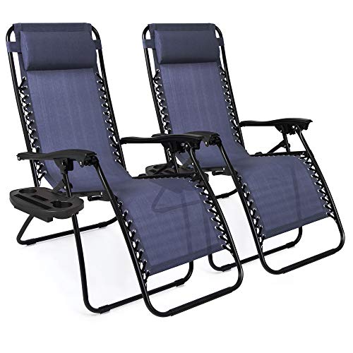 Best Choice Products Set of 2 Adjustable Steel Mesh Zero Gravity Lounge Chair Recliners w Pillows and Cup Holder Trays, Blue Fashion