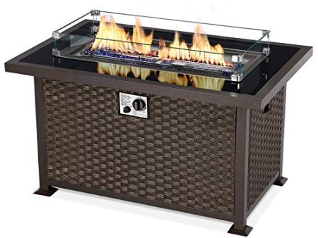 U-MAX 44in Outdoor Propane Gas Fire Pit Table, 50,000 BTU Auto-Ignition Gas Firepit with Glass Wind Guard, Black Tempered Glass Tabletop & Blue Glass Rock, Brown PE Rattan, CSA Certification Sale