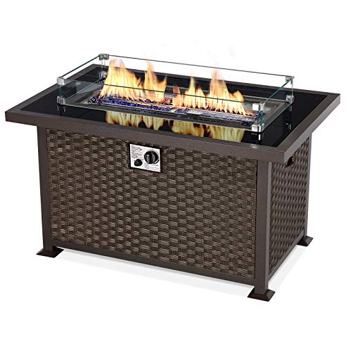 U-MAX 44in Outdoor Propane Gas Fire Pit Table, 50,000 BTU Auto-Ignition Gas Firepit with Glass Wind Guard, Black Tempered Glass Tabletop & Blue Glass Rock, Brown PE Rattan, CSA Certification Sale