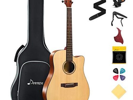 Donner Acoustic Guitar Kit for Beginner Adult Teen Full Size Cutaway Acustica Guitarra Starter Bundle Set with Gig Bag Strap Tuner Capo Pickguard String 4 Picks, Right Hand 41 Inch Natural, DAG-1C Hot on Sale