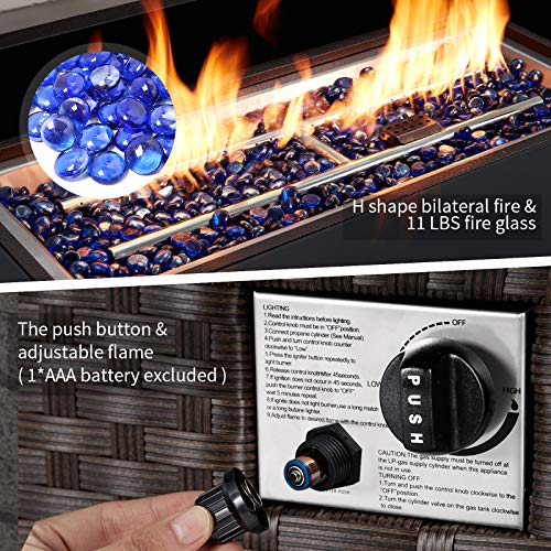 U-MAX 44in Outdoor Propane Gas Fire Pit Table, 50,000 BTU Auto-Ignition Gas Firepit with Glass Wind Guard, Black Tempered Glass Tabletop & Blue Glass Rock, Brown PE Rattan, CSA Certification Sale