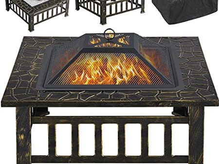 Yaheetech Outdoor Fire Pit 32in Steel Fire Pits Bonfire Firepit Patio BBQ Camping Bronze Outdoor Fireplace with Spark Screen, Mesh Cover Poker, Bronze For Discount