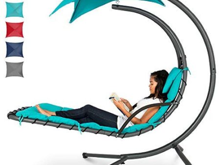 Best Choice Products Outdoor Hanging Curved Steel Chaise Lounge Chair Swing w Built-in Pillow and Removable Canopy, Teal Fashion