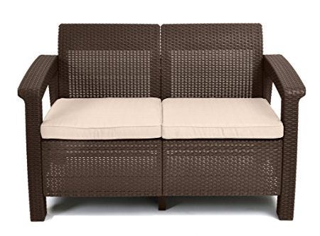 Keter Corfu Resin Wicker Loveseat with Outdoor Cushions – Patio Furniture Perfect for Front Porch Décor and Poolside Seating, Brown Sale