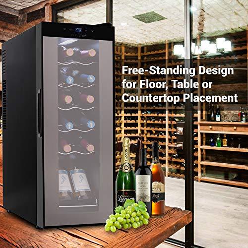 Nutrichef PKCWC120 Refrigerator-White & Red Chiller Countertop Cooler-Freestanding Compact Mini Wine Fridge 12 Bottle Capacity, Digital Control, Glass Door For Cheap