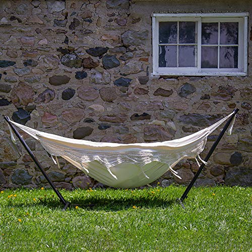 Vivere Double Hammock with Space Saving Steel Stand, Natural (450 lb Capacity - Premium Carry Bag Included) For Sale