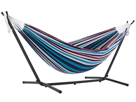 Vivere Double Cotton Hammock with Space Saving Steel Stand, Denim (450 lb Capacity - Premium Carry Bag Included), Denim with Charcoal Frame, 1 Count Fashion