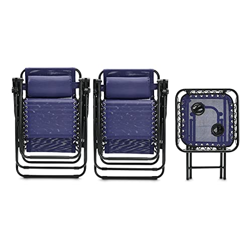 Amazon Basics Textilene Outdoor Adjustable Zero Gravity Folding Reclining Lounge Chair with Side table and Pillow - Pack of 2, Blue Sale