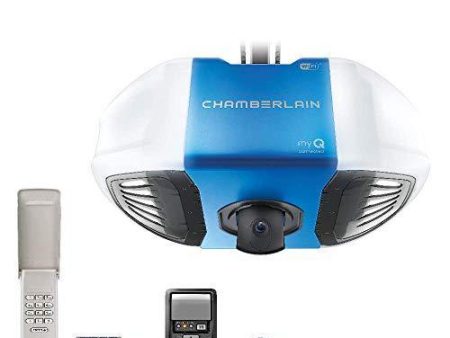 Chamberlain B4545T Smart Garage Door Opener w Built in HD Camera, Two way audio - myQ Smartphone Control- Ultra Quiet, Strong Belt Drive and MED Lifting Power, Wireless Keypad Incl, Blue For Cheap