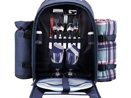 apollo walker Picnic Backpack Bag for 2 Person with Cooler Compartment, Detachable Bottle Wine Holder, Fleece Blanket, Plates and Cutlery (Blue) Online